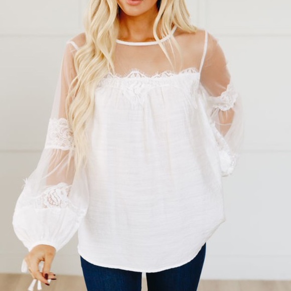 Bellanblue Tops - Boho Lace Sheer Balloon Sleeve White Blouse